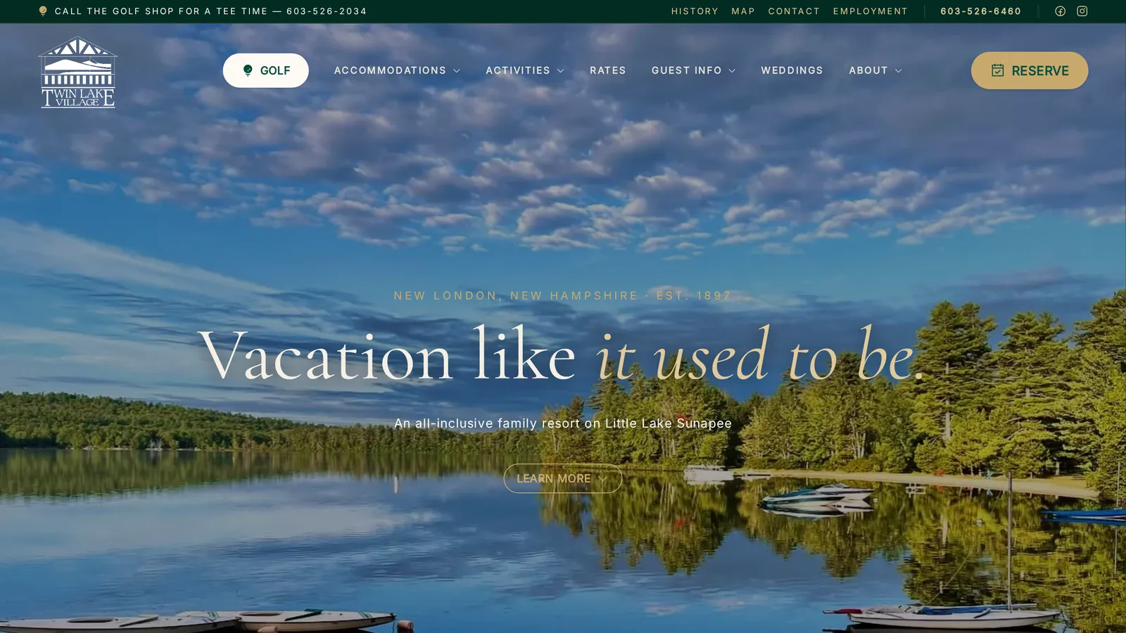 Twin Lake Village website on desktop